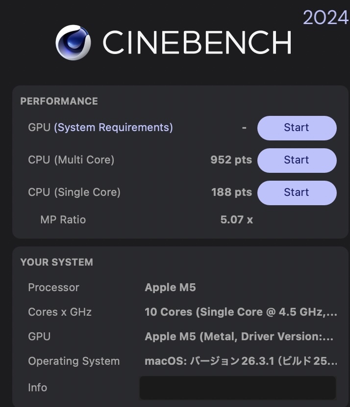 CINEBENCH R24 M5 Macbook Air